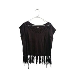 Boho Fringe Cutout Geometric Festival Western Xhilaration Womens XXL Black Top
